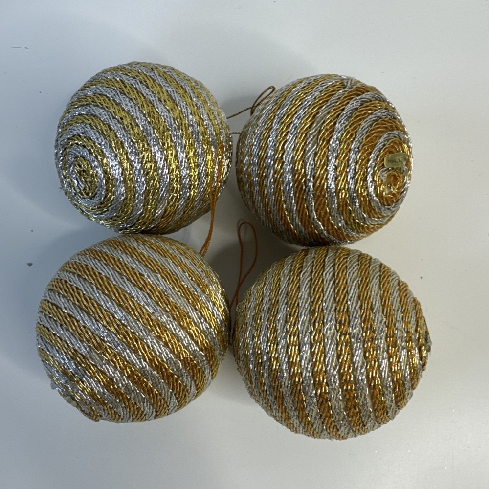Lot of 4 Vintage Round Ornaments Wrapped Alternating Gold & Silver Cord Ribbon